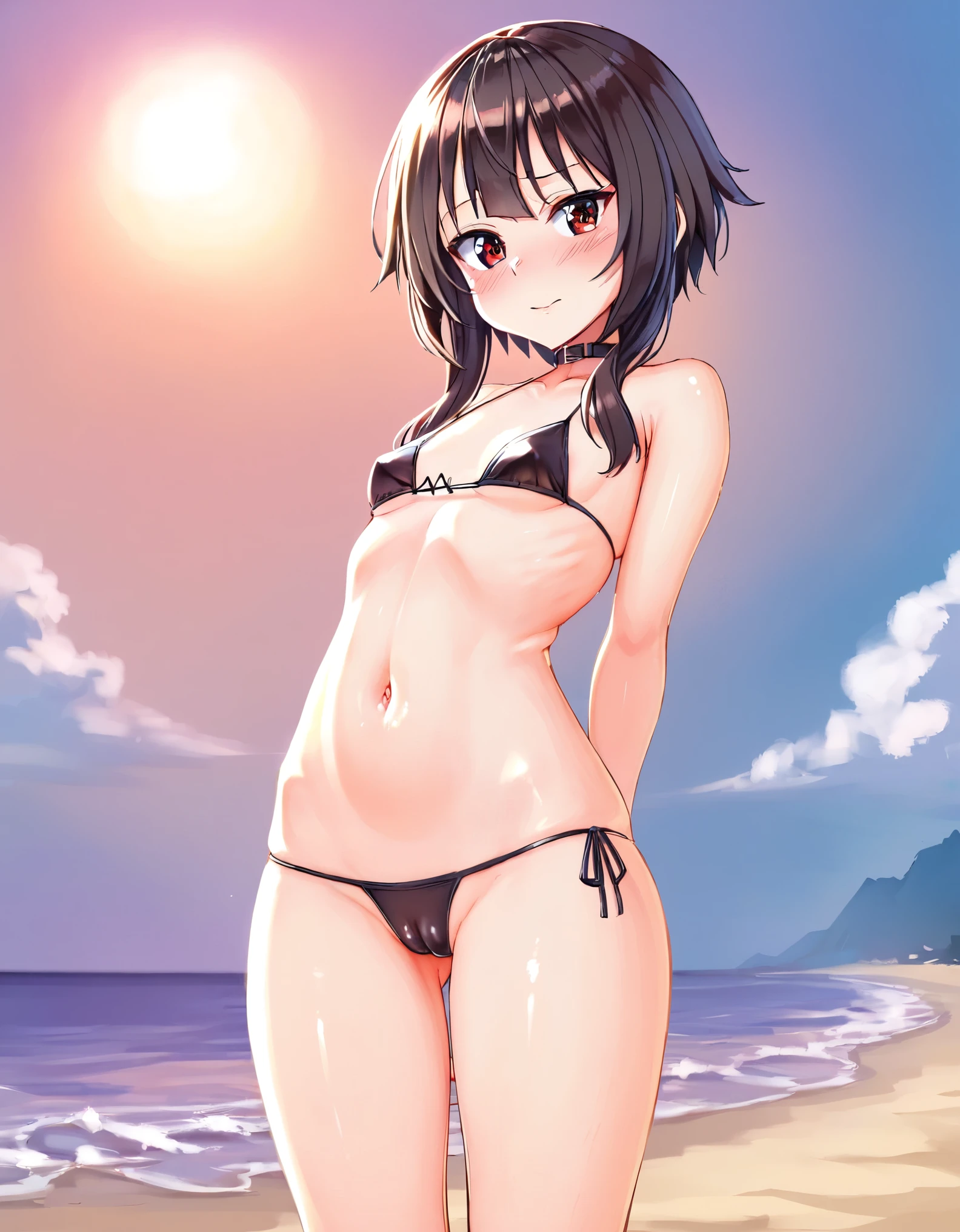 32k, best quality, ultra high res, HDR, UHD, extremely detailed CG, unity 32k wallpaper, masterpiece, highest quality, Super detailed, figure,, short hair, One girl, whole body, Swimwear,, Detailed Background, mksts style, Beach, sunset, (highest quality:1.2, Very detailed, Latest, Vibrant, Super Detail, Ultra-high resolution, High Contrast, masterpiece:1.2, highest quality, Best aesthetics, there is:0.9), alone, (1 female), Megumin, short hair, black hair, (red eyes:1.3), short hair with long locks, minimal, 1girl, solo, ((black bikini)), red eyes, nose blush, shy, looking at viewer, cameltoe, cute overload, small breasts, slim figure, ulzzang, standing, contrapposto, sexy, arms behind back,