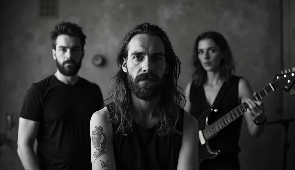 A modern rock band black and white image, with soft blur on faces , high qualiy, rehearsal studio, all wearing black blouses, vocalist with medium beard 