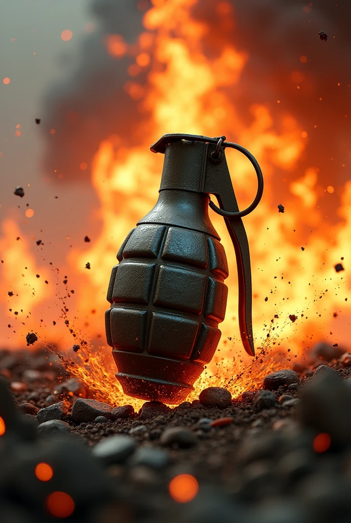 A grenade and animated fire or flames in the background