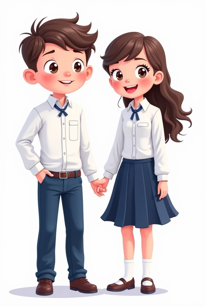A student boy wearing navy blue pants and a white long-sleeved button-down shirt, a blue crossed band and a girl with a navy blue skirt and a white long-sleeved button-down shirt with a blue crossed band, happy in cartoon style drawing form, with white background and full body
