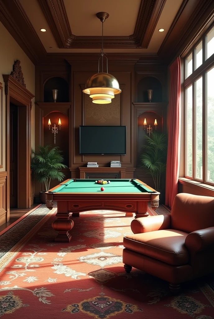 A large room where there is a billiard table, a place to lie down on an armchair watching TV