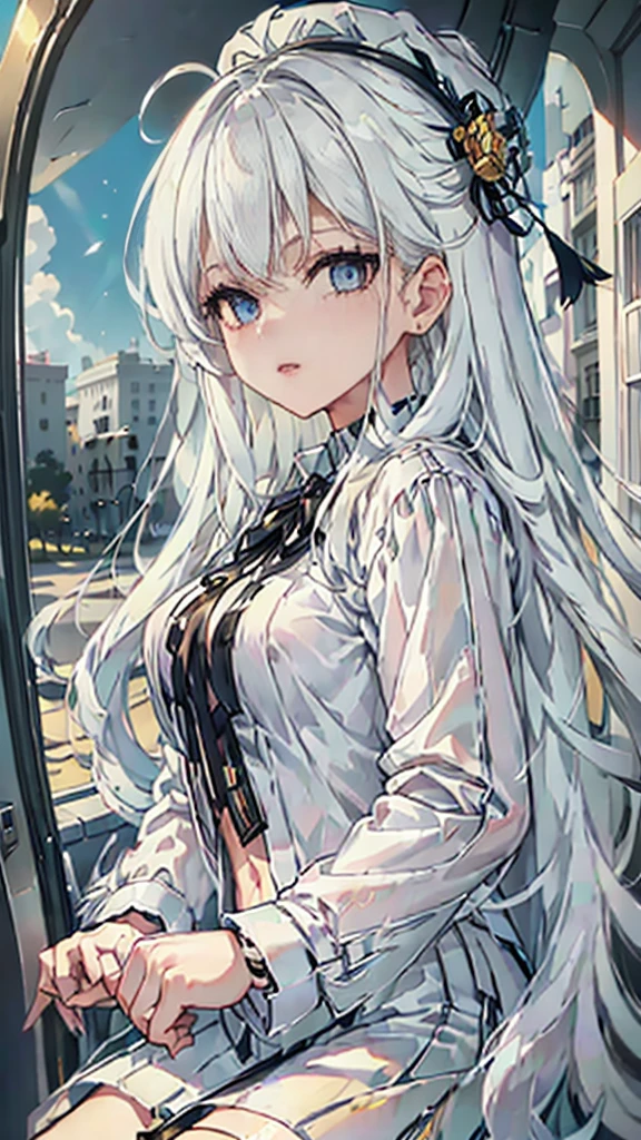 The anime is not a good choice, 1 girl, bee, abundant white hair, long bangs,  2 white horns, large circle lenses, white beret on head, sales, sky blue eyes, top gris, Short negro, black lace-up sneakers, SERIOUS LOOK, concerned