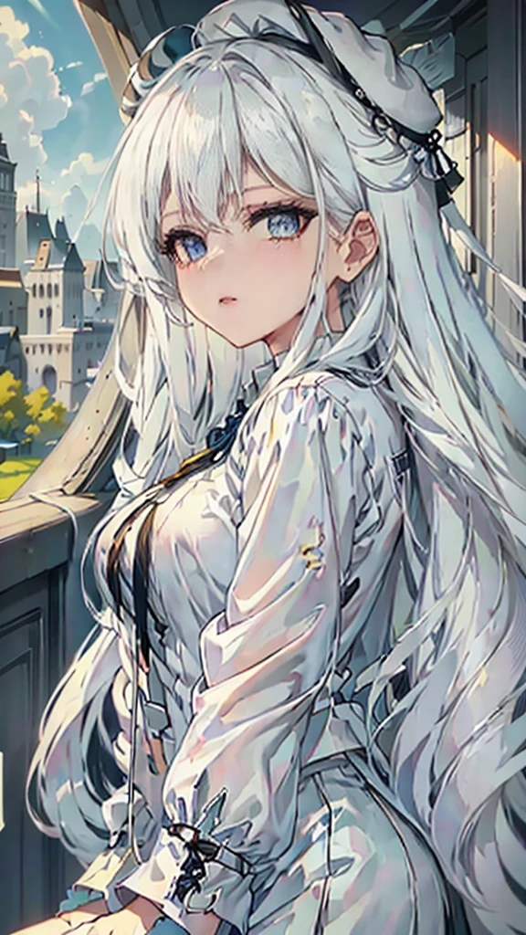 The anime is not a good choice, 1 girl, bee, abundant white hair, long bangs,  2 white horns, large circle lenses, white beret on head, sales, sky blue eyes, top gris, Short negro, black lace-up sneakers, SERIOUS LOOK, concerned