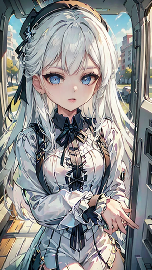 The anime is not a good choice, 1 girl, bee, abundant white hair, long bangs,  2 white horns, large circle lenses, white beret on head, sales, sky blue eyes, top gris, Short negro, black lace-up sneakers, SERIOUS LOOK, concerned