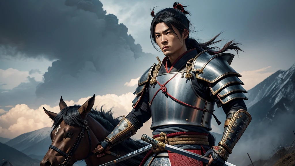 Create a detailed image of Uesugi Kenshin, a famous samurai warlord from the Sengoku period in Japan. He should be depicted as a fierce and honorable warrior, wearing traditional samurai armor, specifically an elaborate suit of 16th-century Japanese armor (yoroi) with a dragon motif on the helmet. The armor should be dark with gold accents, and he should have a white headband (hachimaki) with the character "毘" (Bi), symbolizing the god of war, Bishamonten.
Kenshin should have a strong, determined expression, with sharp features, and long black hair tied back. He should be holding a katana with an intricate hilt design. The background should depict a battle scene, with misty mountains and a cloudy sky, reflecting the tension of the era. The atmosphere should be intense, capturing the essence of a battlefield with dust and wind swirling around.