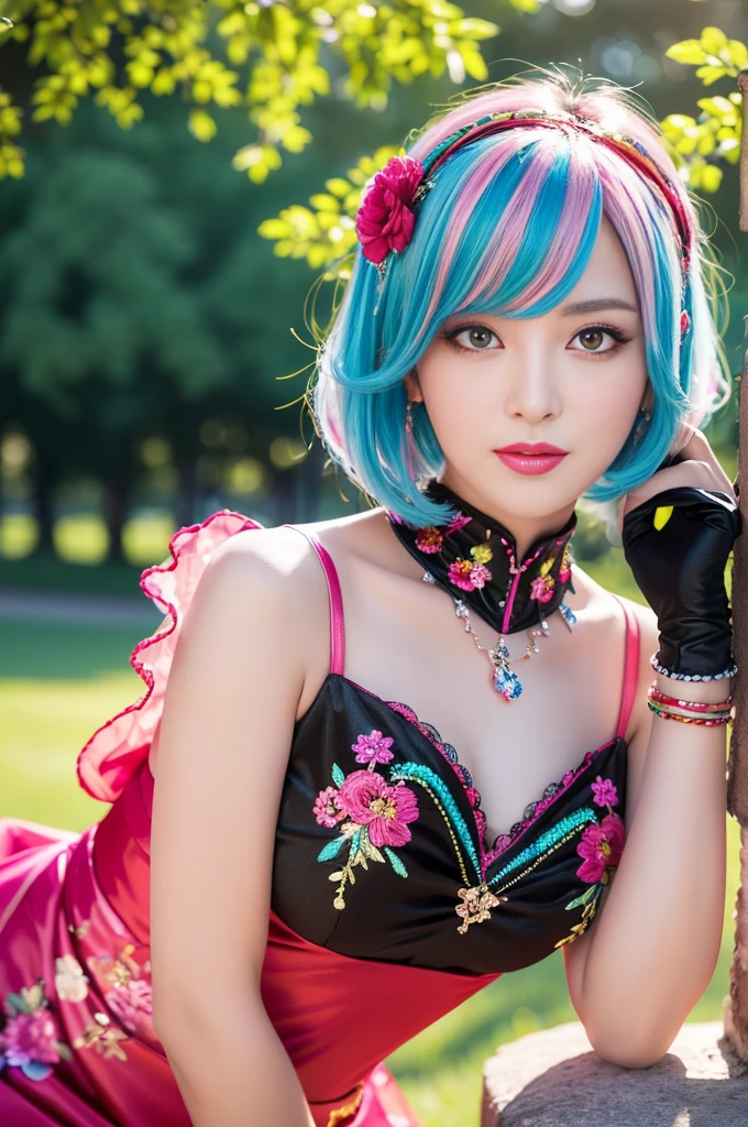 (masterpiece:1.4), (best quality:1.4), ultra high res, ultra high resolution, ((detailed facial features)), HDR, (realistic, photorealistic, photo-realistic:1.37), full body Esbian, sexy swedish model, (-anime), only 1 model, vivid colors, ((vivid colors colorful (pink, lime, light blue) very short hair)), sexy smile, lipgloss, long lashes, defined eyebrows, wearing large sparkling colorful jewelery, wearing a red silk Paradise Kiss cosplay dress with black floral embroidery, ((vivid colors outfit)), vivid colors, look at the camera, cinematic light, large park background with trees, sweet and sexy pose