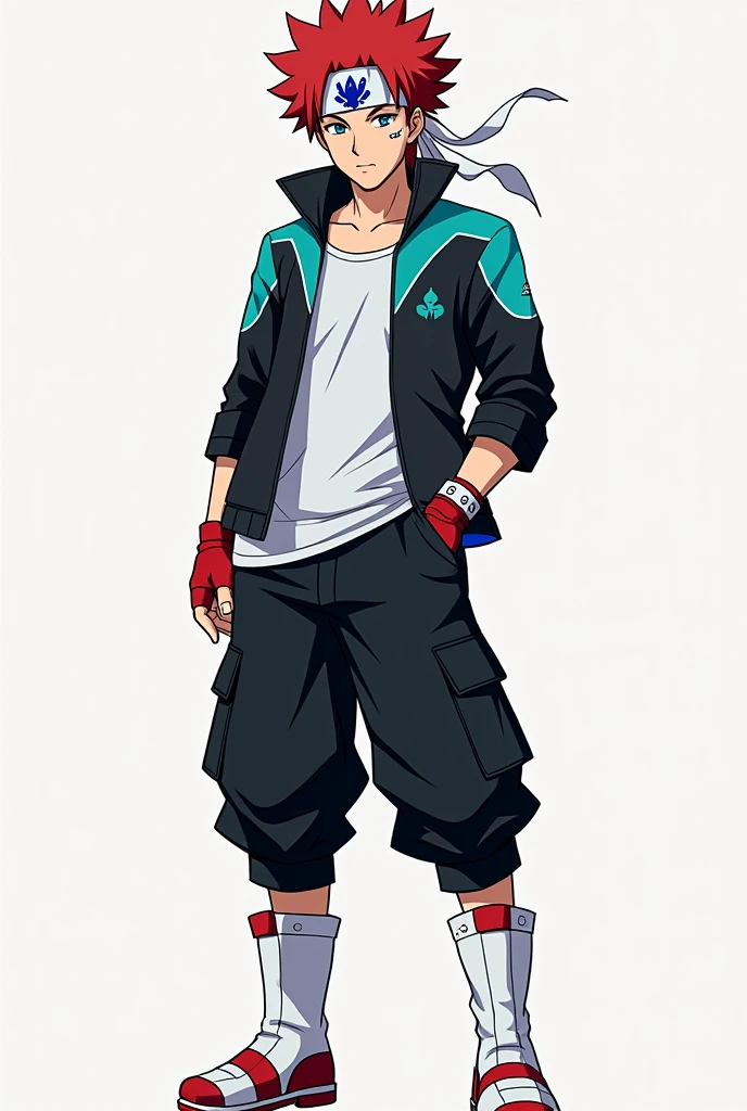 crie um homem, wearing a medium jacket/short black, with cyan details, reddish hair spiking up, like the character Sasuke, a white bandana, with the symbol of a Phoenix in the center in blue, black pants and white military boots with red details, besides a white blouse under the jacket. I want him to have red fingerless gloves, with minimal details in white, imitating leather. I want him to have very clear blue eyes and a light bandage on his face., on the cheek, very small.