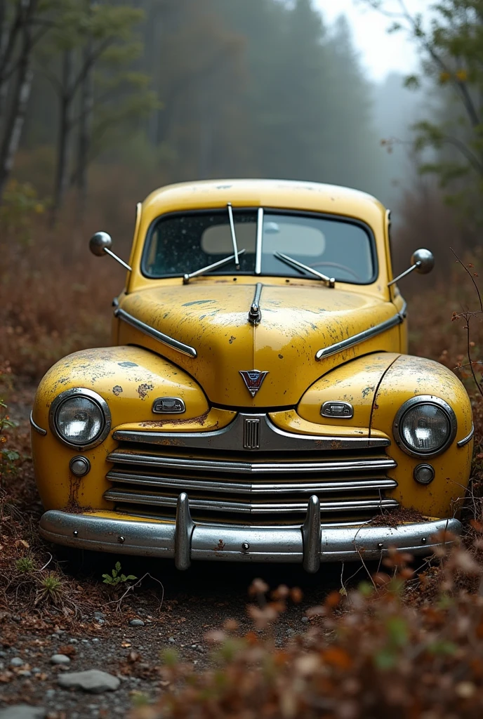 1947 ford deluxe coupe old yellow sad face abandoned