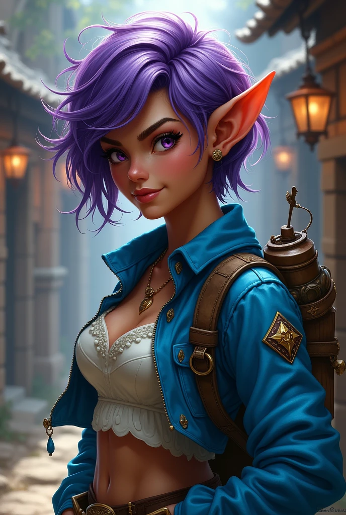 Create the image of a gnome woman, rebellious short hair, skin tanned, purple eyes, her outfit is rogue RPG style. The girl has a mischievous smile, blue clothes and a bow on the back