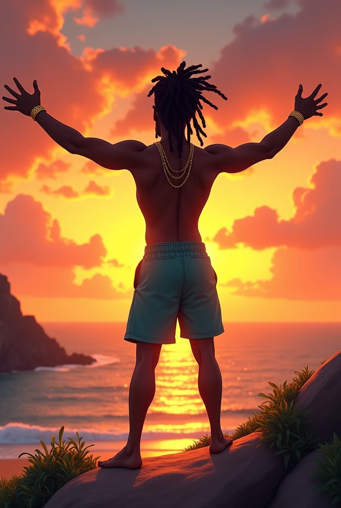 black man with dreadlocks in shorts barefoot wearing gold chains with open arms on a hill looking at a view of the sunset on a beach showing the landscape and his entire body, image style animation