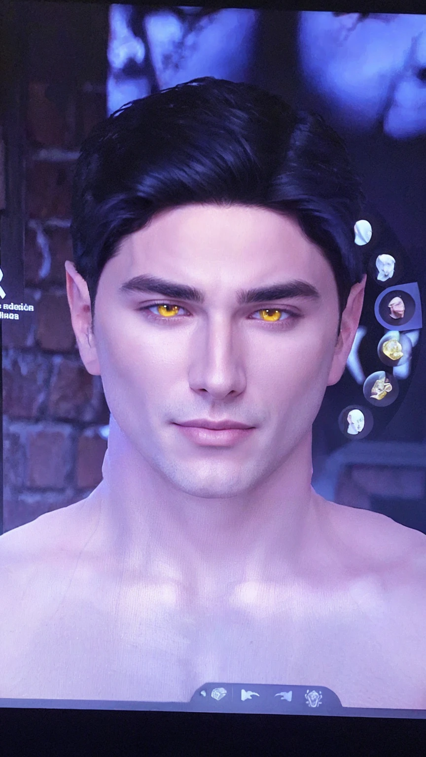 a handsome male vampire with short black hair, piercing yellow eyes, pale skin, seductive smile, pointed ears, high resolution, masterpiece, anatomically correct, best quality, precise, HD model, high details, fangs, expressive