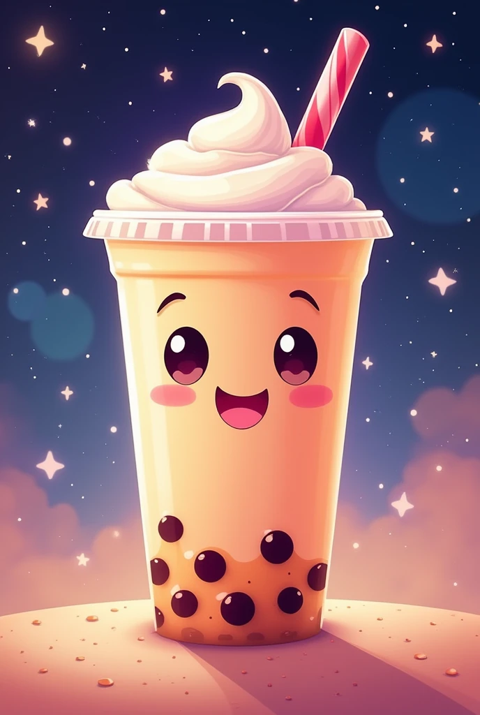 Make me a bobba drink with a happy face and stars in the background without whipped cream on top