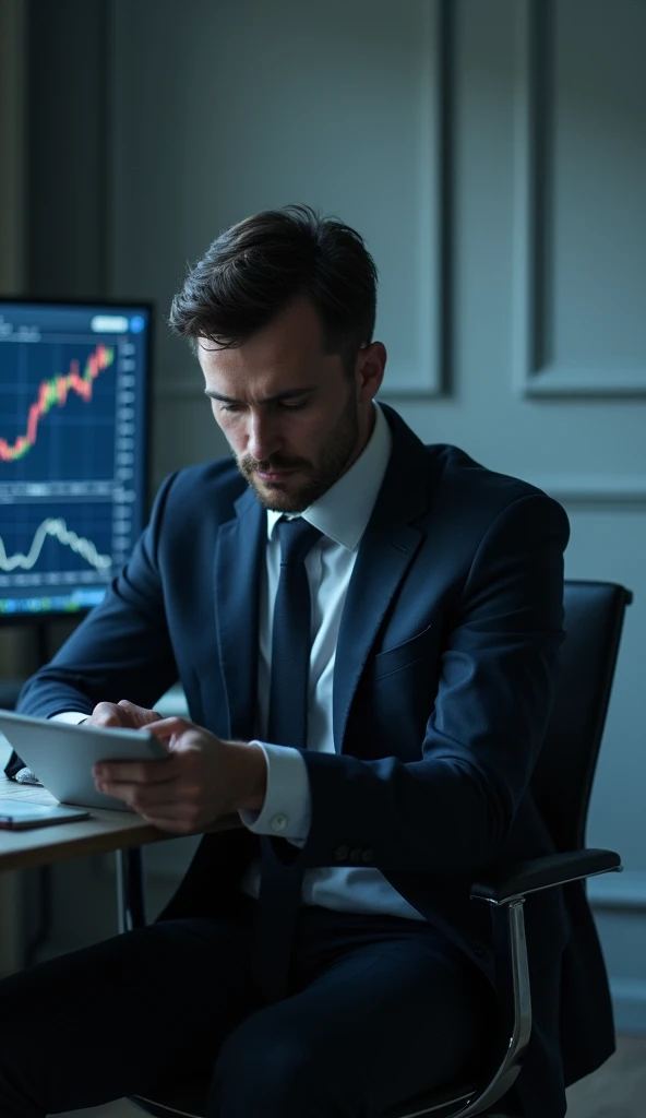 A man sitting looking to the side watching the broker's chart write next to the man come trade live with us.