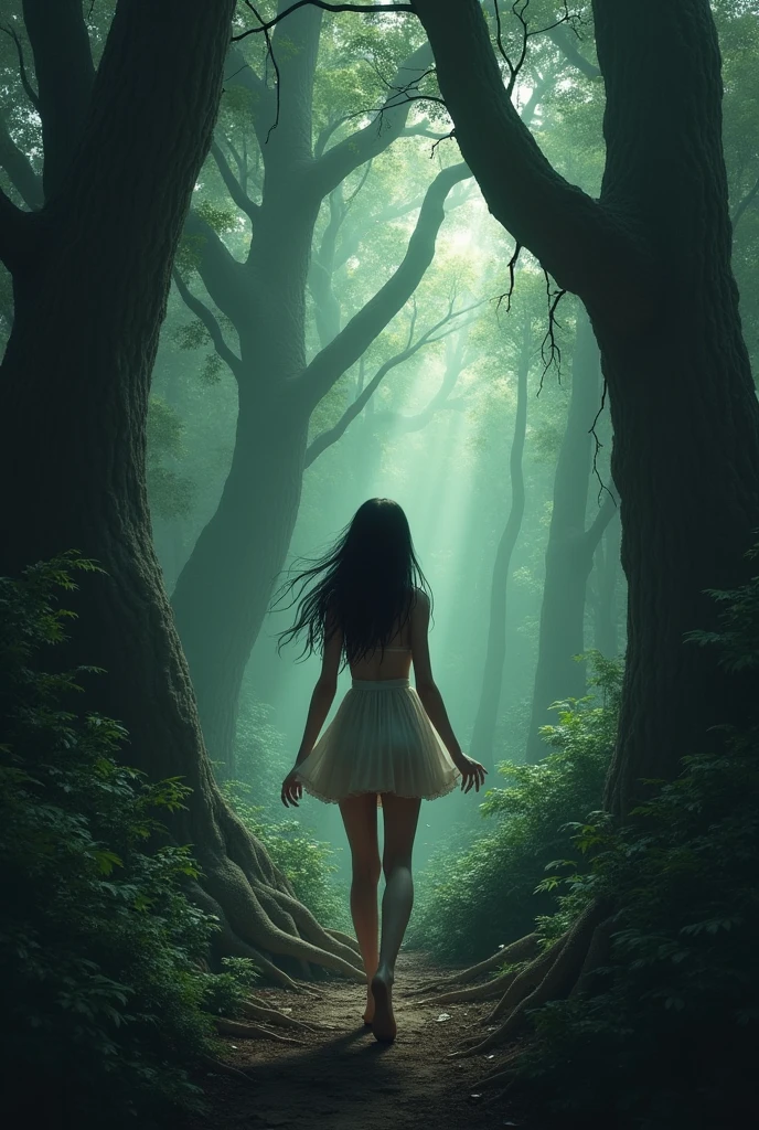 A lost in the woods and dressed in a miniskirt