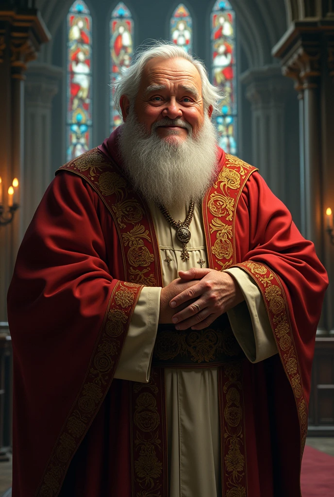 A slightly fat priest with white hair and almost bald