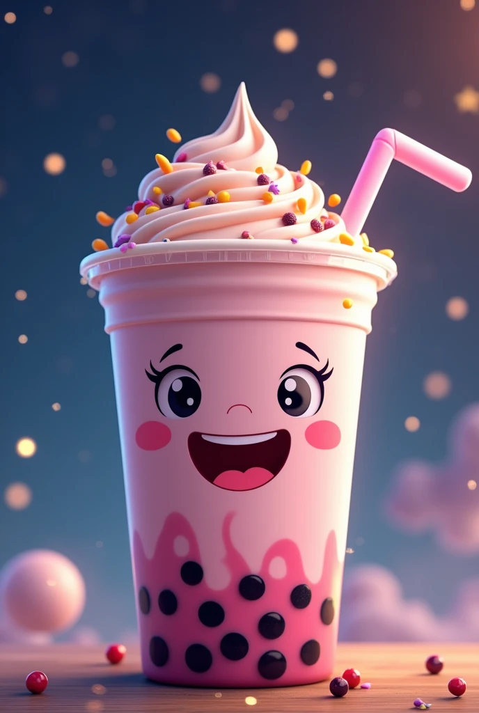 Make me a bobba drink with a happy face and stars in the background