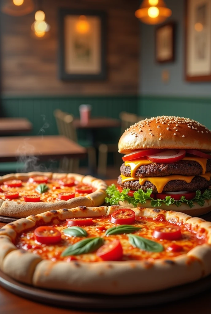 Make an image that has a hamburger and a pizza and have me write a sentence which one do you prefer and put a background scene with a hamburger and pizza




