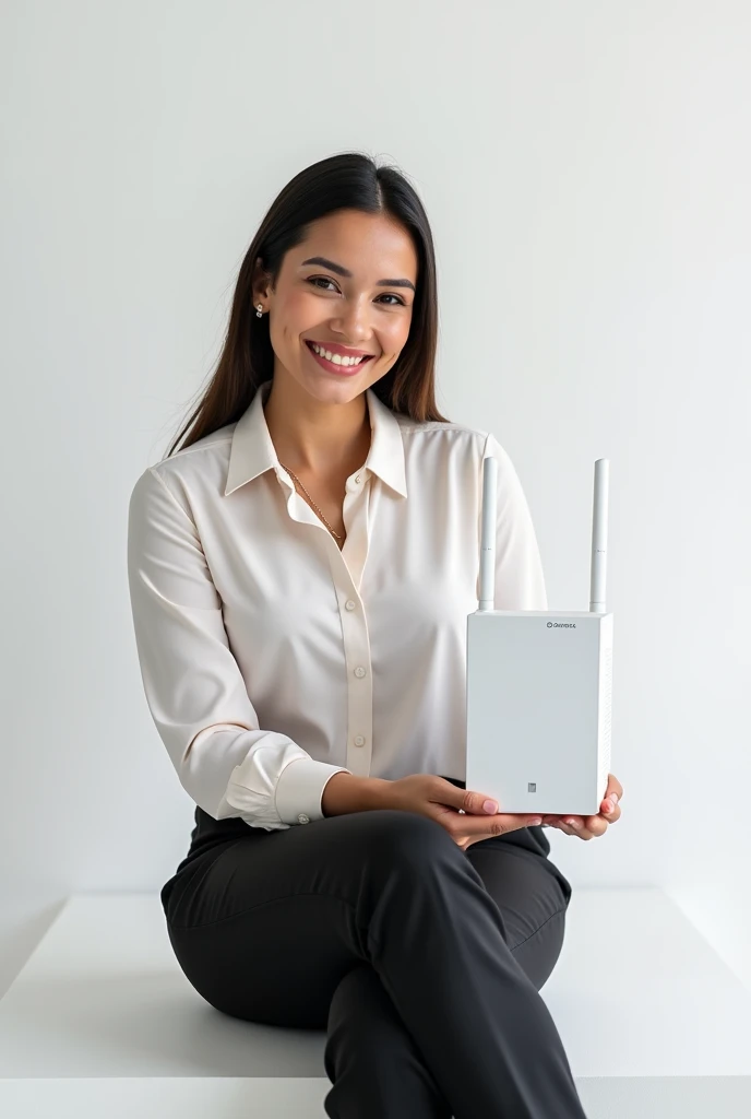 4K, ultra realistic, A Brazilian woman, pretty, attractive smile, wearing formal clothes for work, white background, holding mr30g wifi router, photoshoot in a photo studio, sitting.