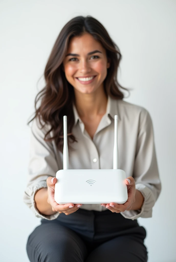 4K, ultra realistic, A Brazilian woman, pretty, attractive smile, wearing formal clothes for work, white background, holding mr30g wifi router, photoshoot in a photo studio, sitting.