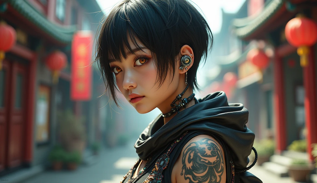 Asian, short hair, amber eyes, cybernetics in eyes, scar on left eye, left arm with cybernetics, mix of oriental street wear clothing, tattoo with family symbol on forearm