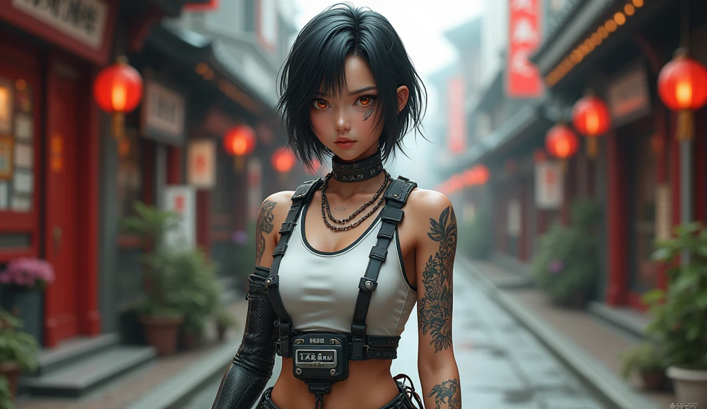 Asian, short hair, amber eyes, cybernetics in eyes, scar on left eye, left arm with cybernetics, mix of oriental street wear clothing, tattoo with family symbol on forearm