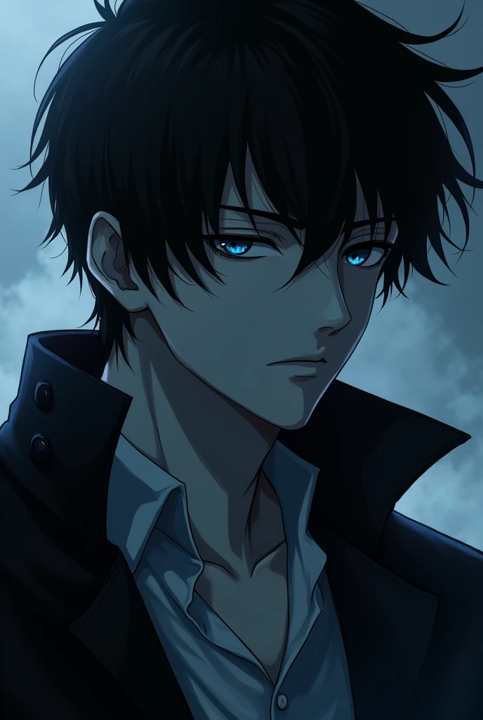 dark anime type, Attractive man, White skin, black hair and sapphire eyes black hair, intimidating