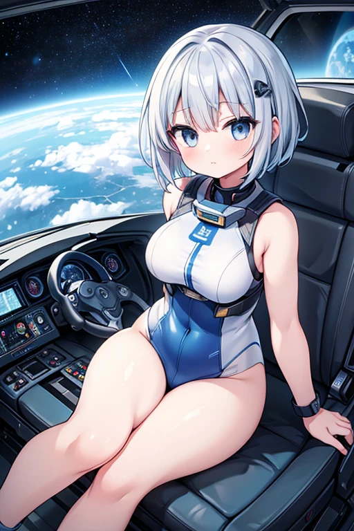 masterpiece、Best image quality、Highest quality、Highly detailed Unity 8kwallpaper、Illustration of one person、(pilot)、Blue and silver short hair、Silver Eyes、、Strong Body、 Thick legs、白いpilotスーツ、Sit in the cockpit, Space fighter cockpit、Universe on your monitor、Earth from Space))