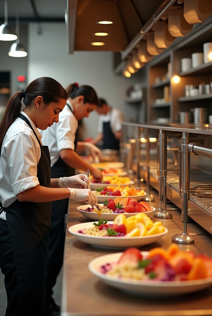 create a realistic kitchen team at the theikos açaí store preparing açaí 18k