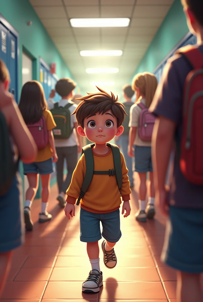 Create one and a boy in a school in the hallway in the middle of several people