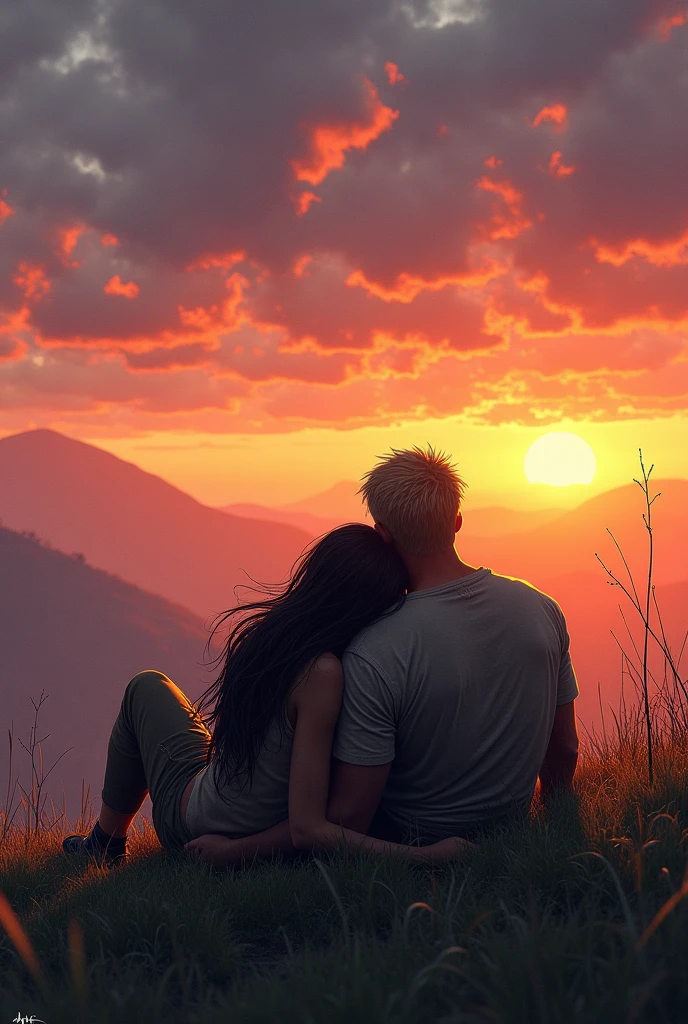 create the image of a couple watching the sunset a woman with dirty clothes and long dark hair with a strong military man with blond hair lying on the grass on top of a hill watching the sunset