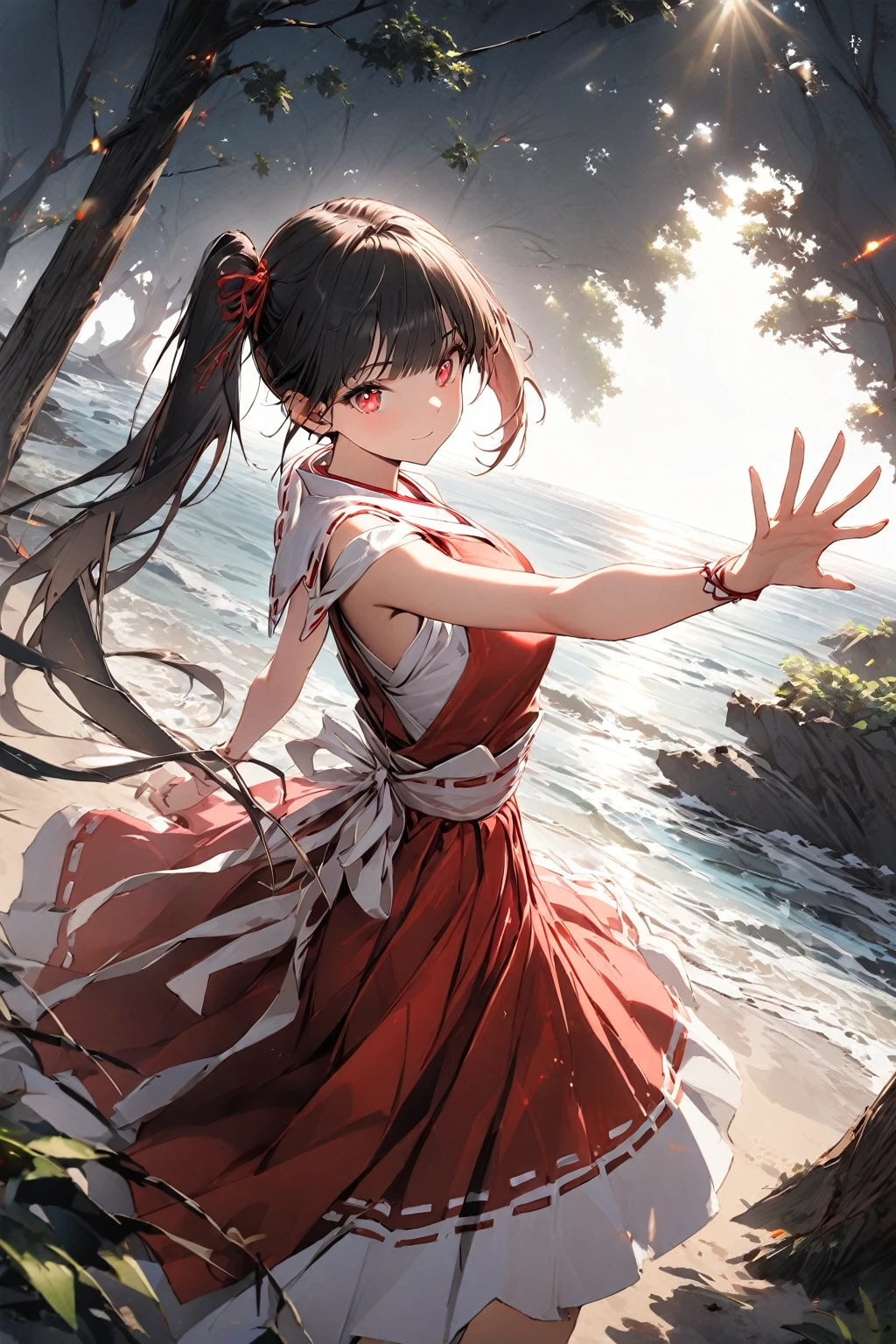 1girl, bangs,black long hair, side ponytail, gradient_eyes,red eyes, diamond-shaped pupils, miko girl, royal type shoulder off dress, Conceptual art, masterpiece, super detail, high details, high quality, best quality, highres,((dynamic angle)),((dynamic pose)),woods,beach,