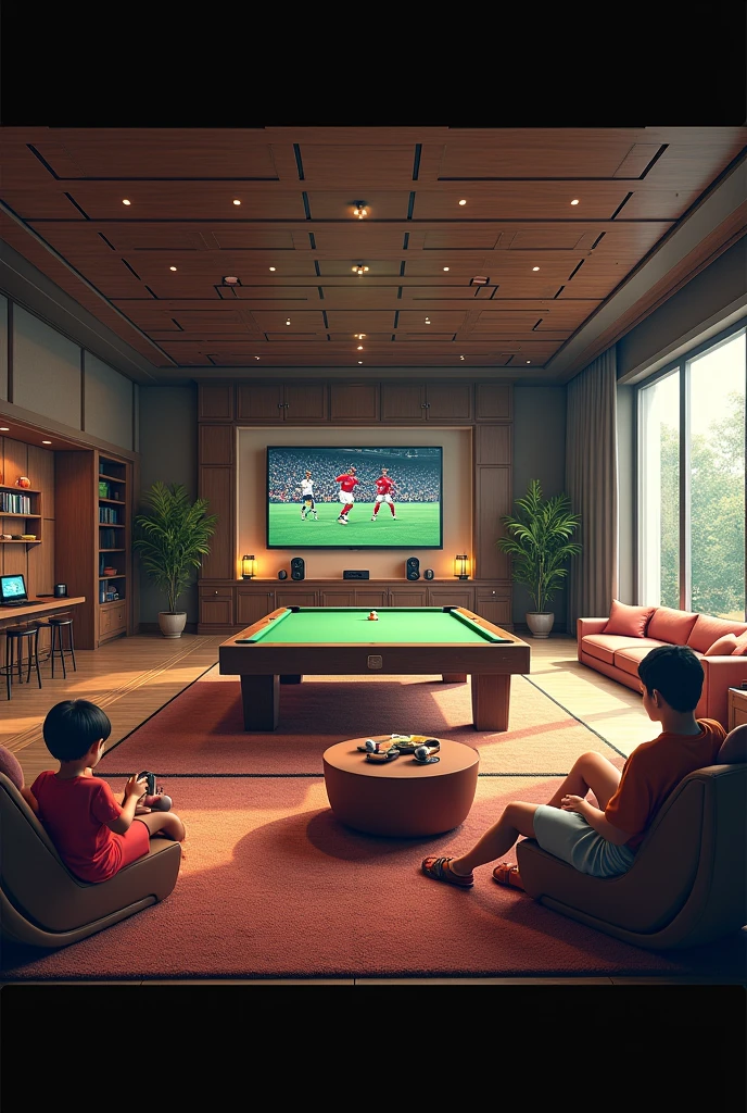 A large room where there is a billiard table, an area to play video games and another area to watch football