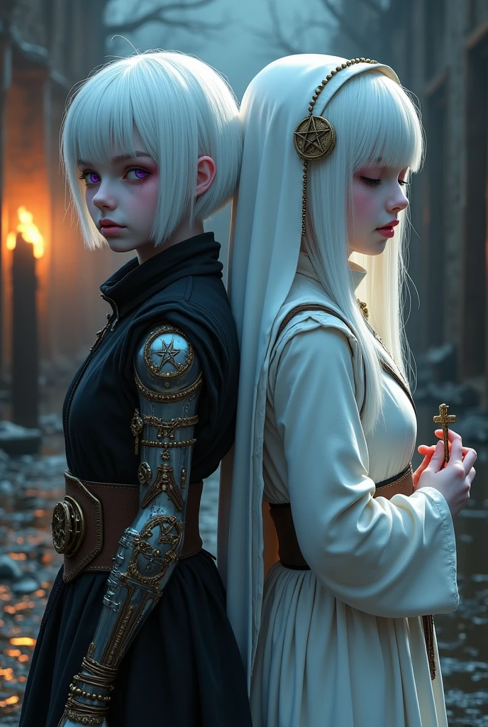 Two albino girls from the Middle Ages standing back to back with violet eyes and white hair, with the one on the left with short hair in dark alchemist clothes and with the left arm with a steampunk prosthesis with a pentagram and blood, and the one on the right in white nun's clothes holding a rosary with her eyes closed, with an execution at the stake behind, the night.
