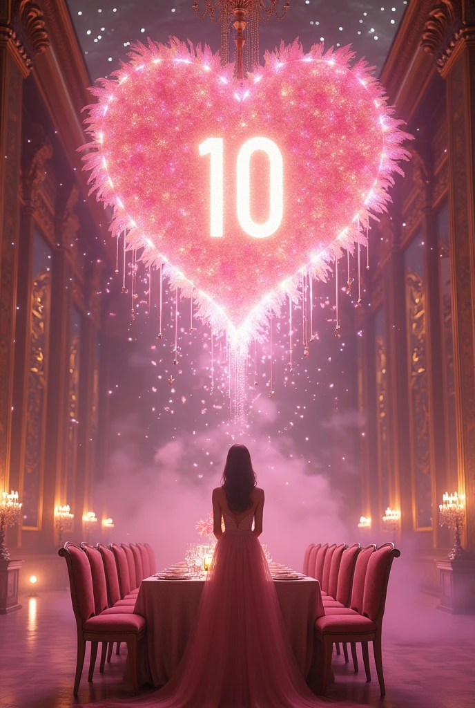 A tremendous god々Shi Big beautiful chandelier Number 10 in a heart at the bottom(((((((Central 10)))))) ((((((((Number 10)))))))) Celebration Time The flow of time lives with music in memories Soft Light Dinner at the Palace of Versailles Hall of Mirrors A beautiful pink moonlit night dinner party with no one around The magic of the full moon shining in the dark night A starry sky Another dimension, a mysterious pink color (((((((No people in sight)))))) The sparkling little feathers and stardust are beautiful. The beautiful woman everyone admires wears a gorgeous dress studded with jewels. Beautiful 8K images Highest quality images Dinner for one On a long dinner table The world is full of love Rainbow-colored feathers fall softly like a sunrise A delicate and beautiful chandelier