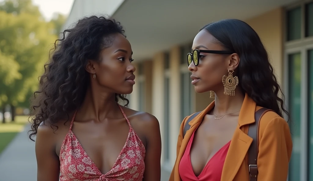 Two 20-year old sexy and hot Nigerian female prostitutes, standing outside their lecture hall, discussing