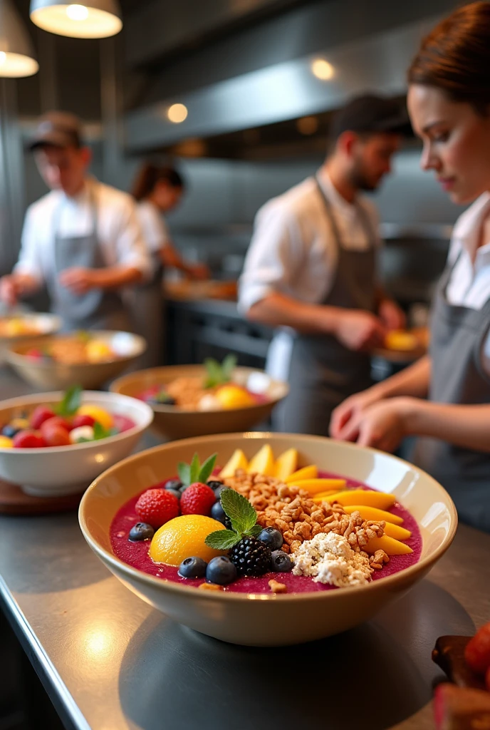 create a realistic kitchen team at the theikos açaí store preparing açaí 18k