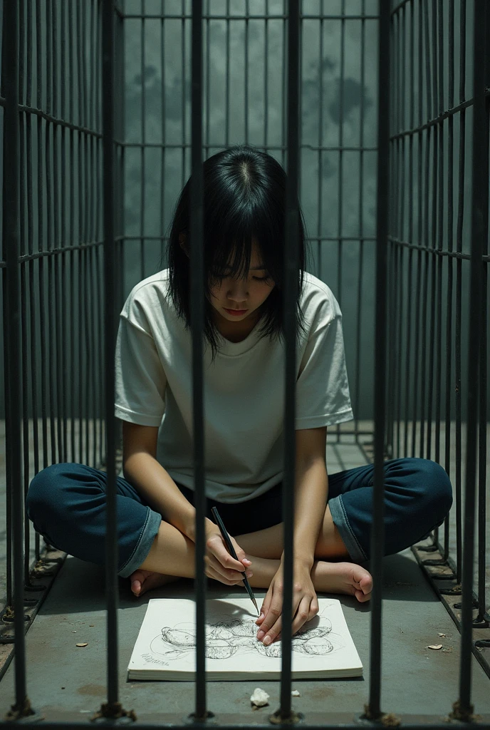 adolescenet sitting in a cage drawing a