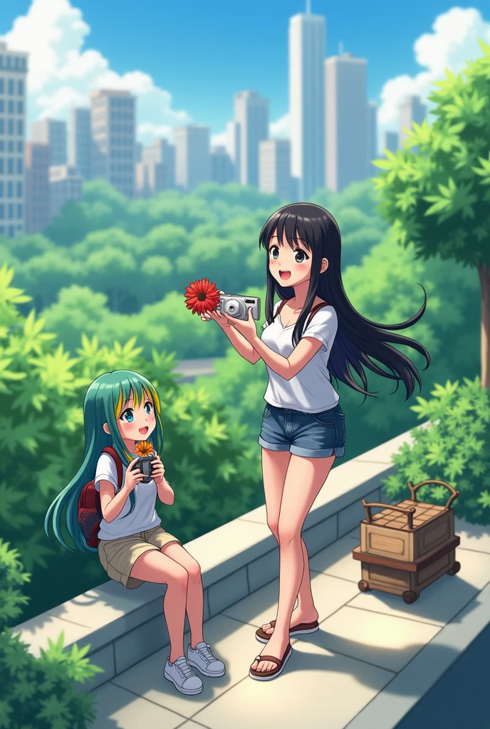 Ai animated Beautiful female character who is walking  his handat the side of road with in front of camer photos and take one photo in front camera wearing summer season clothes and black silkin colour hair shining with long hair at the top of city building she sited at the last corner building talking with her friend with laughing and smile to sitting with her friends in the long green garden to sit on the bench to sit down with her friends and the second one friends hair colour is green and yellow. And bring only two colour flower a
In her hand first one is in  a red and second one is in blue colour rose in who is in front of camera 