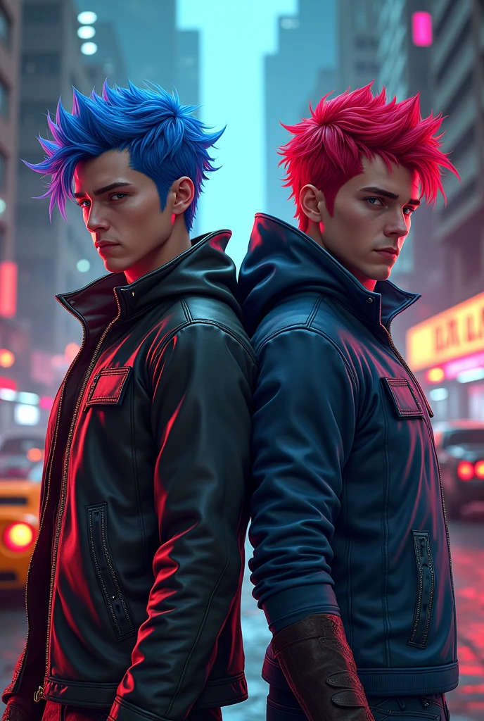 Create two male gta superheroes One has blue hair and the other has red hair 