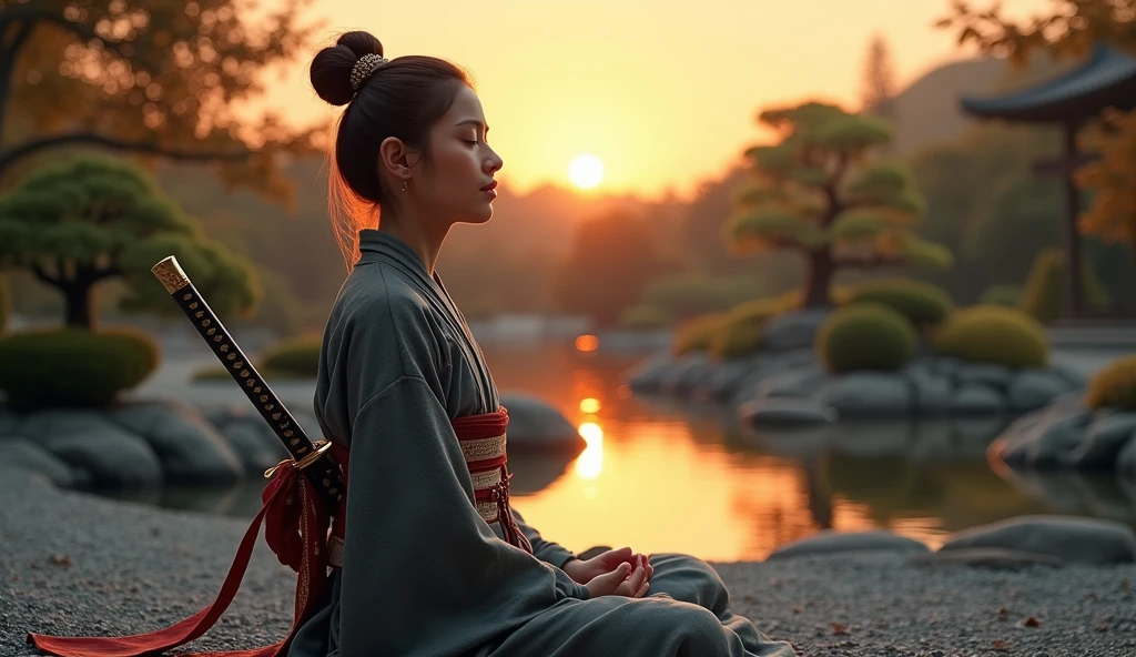 Samurai girl, dressed in epic traditional samurai clothing with a katana, and a peaceful expression on her face, meditating in a Zen garden at sunset. The image should capture the serenity of the environment with hyper-realistic details highlighting the beauty of the garden and the tranquility of the scene. The 8K quality will ensure every detail is captured with precision, while natural and soft lighting creates a warm and inviting atmosphere. The close-up (portrait) composition will focus on the samurai girl and her deep meditation, emphasizing the spiritual ambiance of the moment.