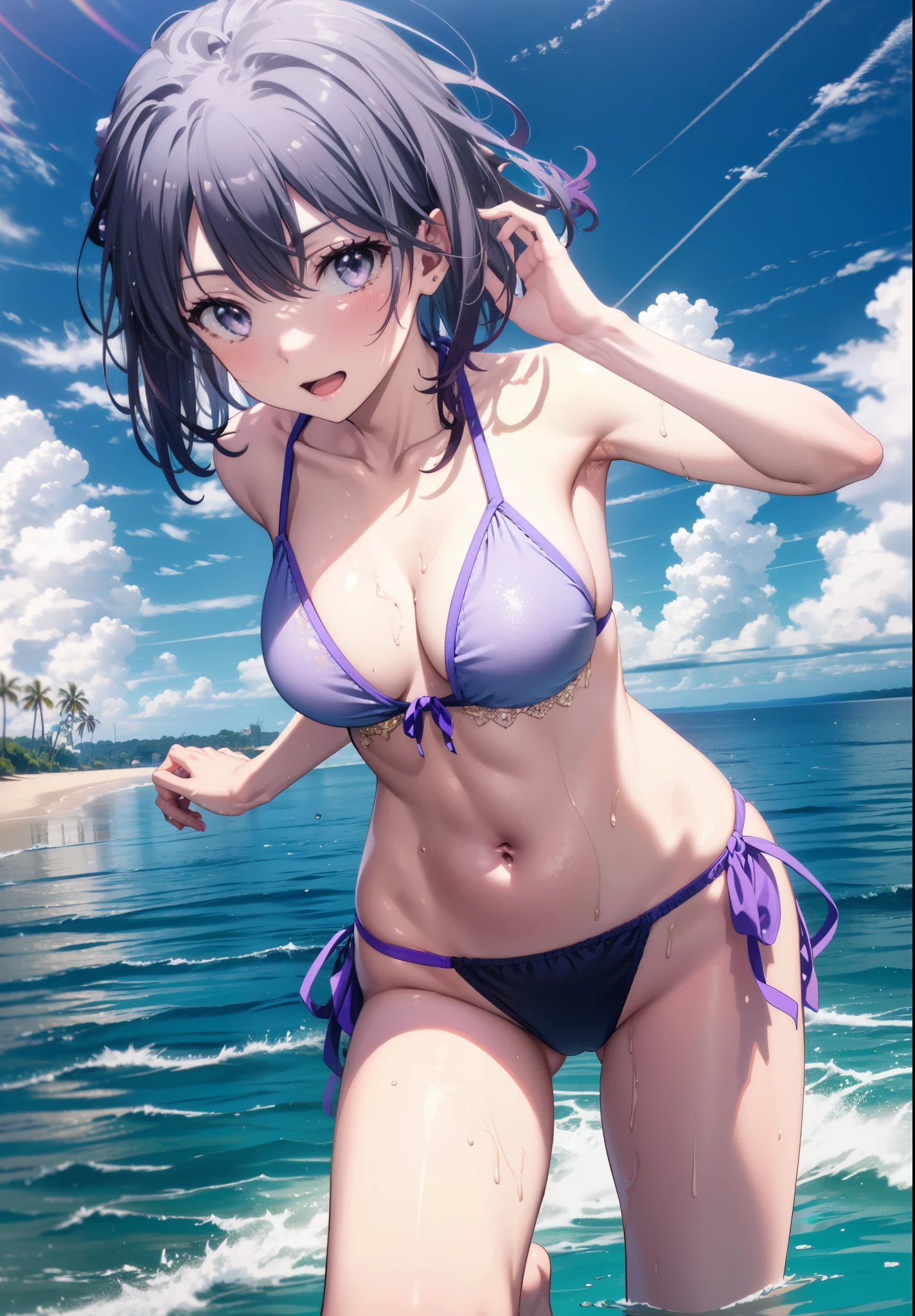 BREAK solo, (1girl), (Perfect hands:1.2), (Perfect Anatomy:1.2), (best quality:1.3), (masterpiece:1.3), (ultra detailed:0.8), high resolution, HDR, CG unity 8k, nice hands, POV, top quality, BREAK {asakura_tooru_theidolmstershinycolors:1.15}, BREAK (smile:1.1), happy, Face to feel, BREAK ocean, cloud, blue sky, day, outdoor, sky, beach, BREAK Sun light, BREAK animation, illustration, (wet:0.9), BREAK detailed face, beautiful face, beautiful girl, cute, charming, beautiful detailed face, BREAK blue eyes, detailed eyes, sparkling pupils, Captivating Eye Reflections, Sparkling Highlights in the Eyes, Depth and Dimension in the Pupils, Subtle Color Variations in the Iris, Meticulous Eyelash Details, Depth and Dimension in the Pupils, BREAK (Parted Bangs: 1.4), pixie cut, shiny hair, floating hair, (short hair:1.3), (blue hairs、gradation hair、multi color hair, Purple hair), Ahoge, BREAK cleavage, medium breasts, Beautiful breasts, BREAK small head, seven heads, sexy body, Bewitching, slender body type, Miwaki. beauty legs. Glamorous, (musculature:1.4), (Thin thighs:1.6), (Thin leg:1.6), perfectly proportions, pink lips, beautiful hair, beautiful face, beautiful fine eyes, beautiful collarbone, beautiful body, (beautiful fingers:1.3),17 years old, perfect face, cute and symmetrical face, baby face, detailed skin, shiny skin, nail polish, BREAK jewelry, necklaces, piercing, bracelets, (Floral pattern White bikini: 1.3), BREAK arched back, looking (back at viewer:1.3), (Tippy Toe:1.3), head tilt, BREAK (cowboy shot:1.6), (back view:1.3), from below, extreme close-up view, dutch angle, looking at viewer, BREAK ocean, cloud, blue sky, day, outdoor, sky, beach,Stretching oneself、barefoot、stretch out both arms and raise your hands to the sky