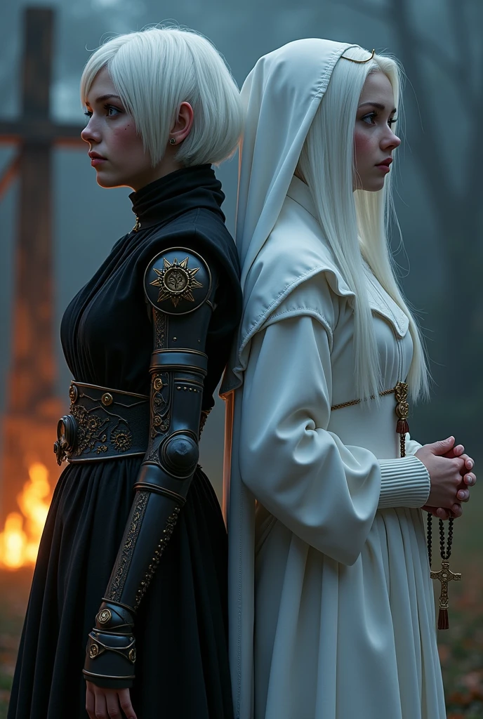Two albino girls from the Middle Ages standing back to back with violet eyes and white hair, with the one on the left with short hair in dark alchemist clothes and with the left arm with a steampunk prosthesis with the baphomet symbol, and the one on the right in white nun's clothes holding a rosary,, with an execution at the stake behind, the night.