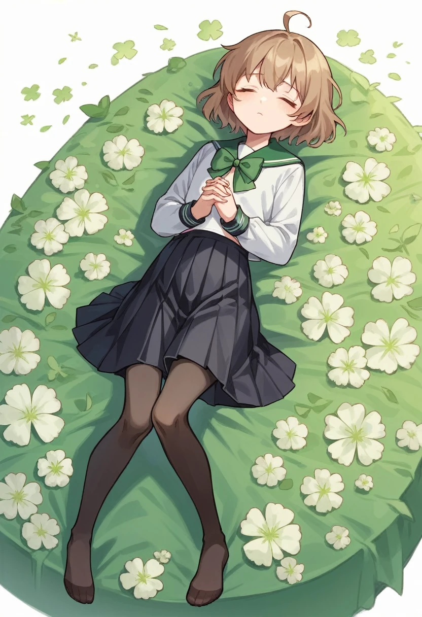 1girl, , androgynous, solo, flower, closed eyes, coffin, school uniform, skirt, sailor collar, green bow, serafuku, long sleeves, short hair, own hands together, shirt, bow, ahoge, on back, death, clover, bangs, white shirt, pleated skirt, interlocked fingers, lying, brown hair, green bowtie, own hands clasped, black skirt, facing viewer, bowtie, green sailor collar, light brown hair, full body, pantyhose, best quality, amazing quality, very aesthetic, masterpiece