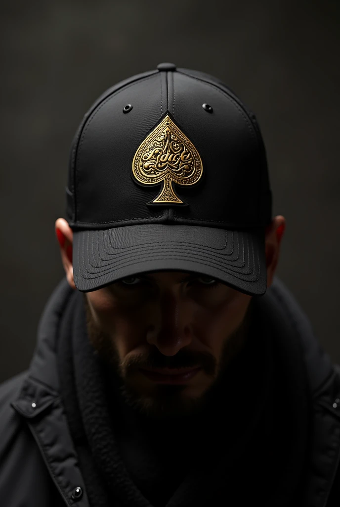 a black cap, with a design of two golden cards on the front