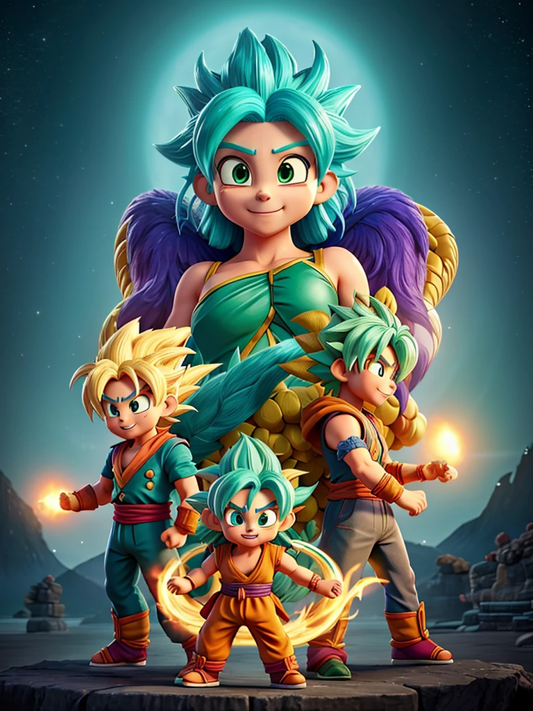 Create an image, of an anime character named tiamat from (Fate), and on the other side of it, a character named Goku from (dragonball z).