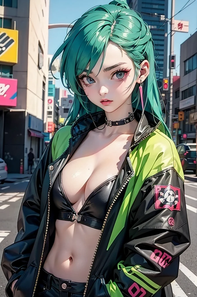 Anime girl with green hair and headphones standing in front of a graffiti wall, Cyberpunk Art Inspired by Harumi Hironaka, Trending on pixiv, Street art, Cyberpunk Anime Girl, Anime girl with blue hair, anime feelings, Cyberpunk Anime Art, Cyberpunk Digital Art - Anime, Modern Anime Style, Cyberpunk Anime Art, Anime style artwork, female Cyberpunk Anime Girl, Cyberpunk Street Wear