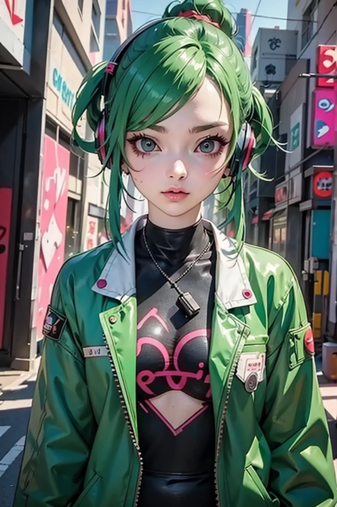 Anime girl with green hair and headphones standing in front of a graffiti wall, Cyberpunk Art Inspired by Harumi Hironaka, Trending on pixiv, Street art, Cyberpunk Anime Girl, Anime girl with blue hair, anime feelings, Cyberpunk Anime Art, Cyberpunk Digital Art - Anime, Modern Anime Style, Cyberpunk Anime Art, Anime style artwork, female Cyberpunk Anime Girl, Cyberpunk Street Wear