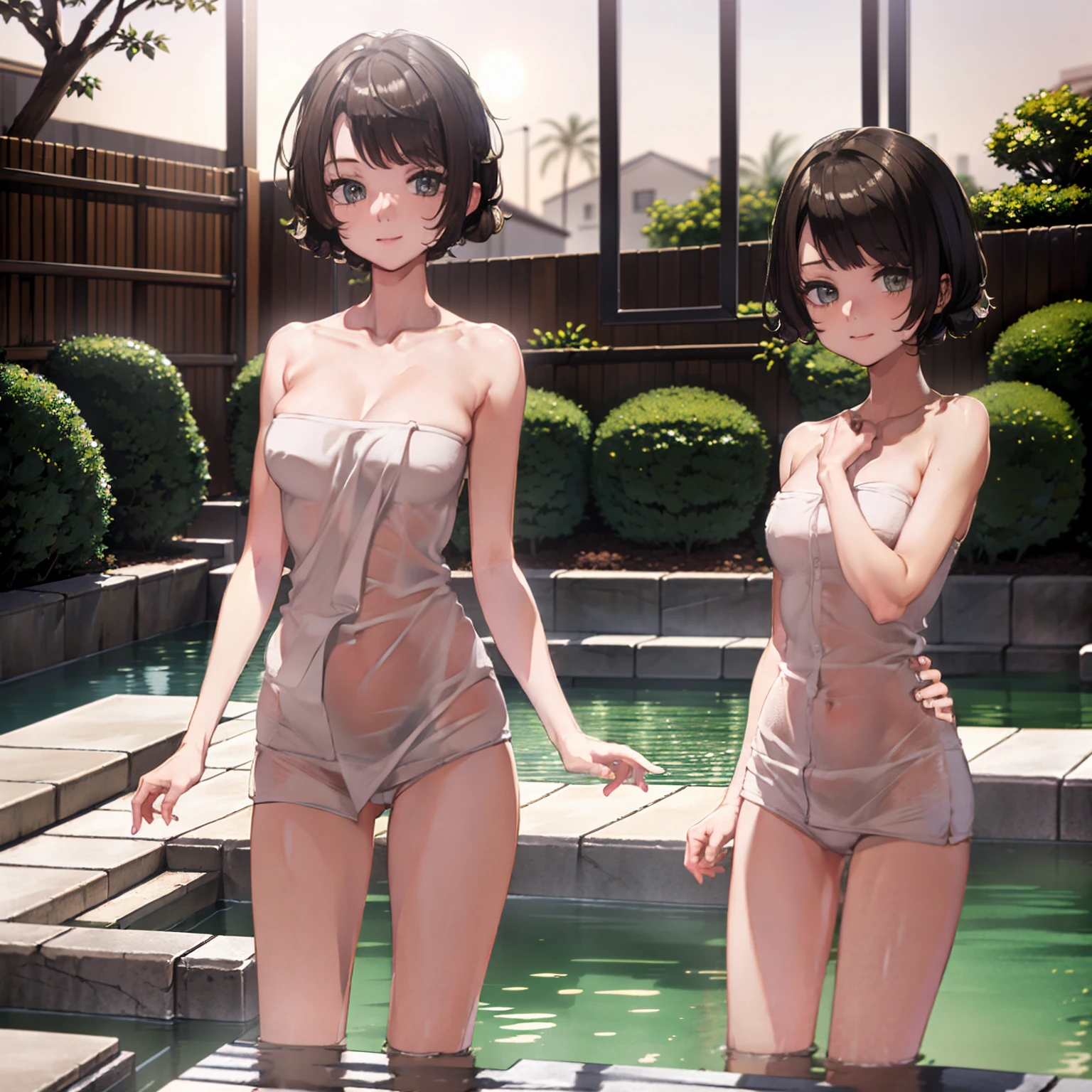 masterpiece, Highest quality, High resolution, One naked woman, Half-body bath in the hot spring, ((Towels are transparent:1.3)), ((The body of a young girl, Small breasts, Her chest is an A cup)), Lifeless eyes, Show the whole body, One woman, A more youthful physique, Perfect limbs