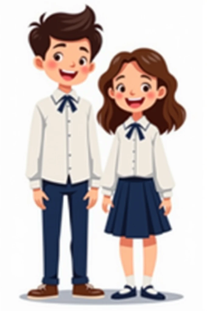 A student boy wearing navy blue pants and a white long-sleeved button-down shirt, a blue crossed band and a girl with a navy blue skirt and a white long-sleeved button-down shirt with a blue crossed band, happy in cartoon style drawing form, with white background and full body