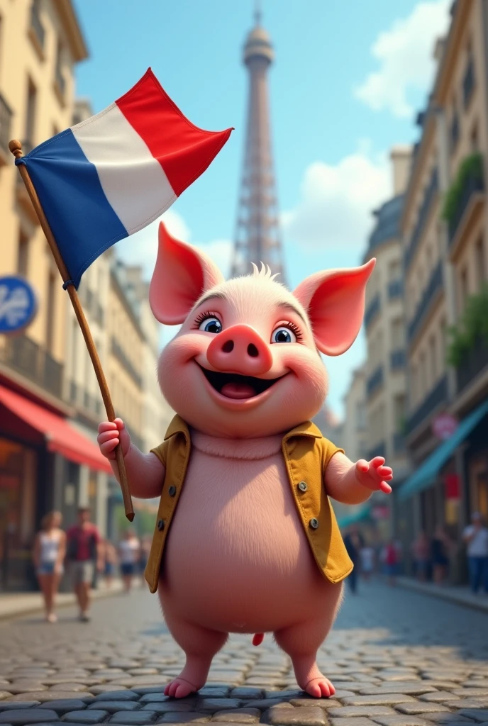 A pig with a French flag in its hand in Paris